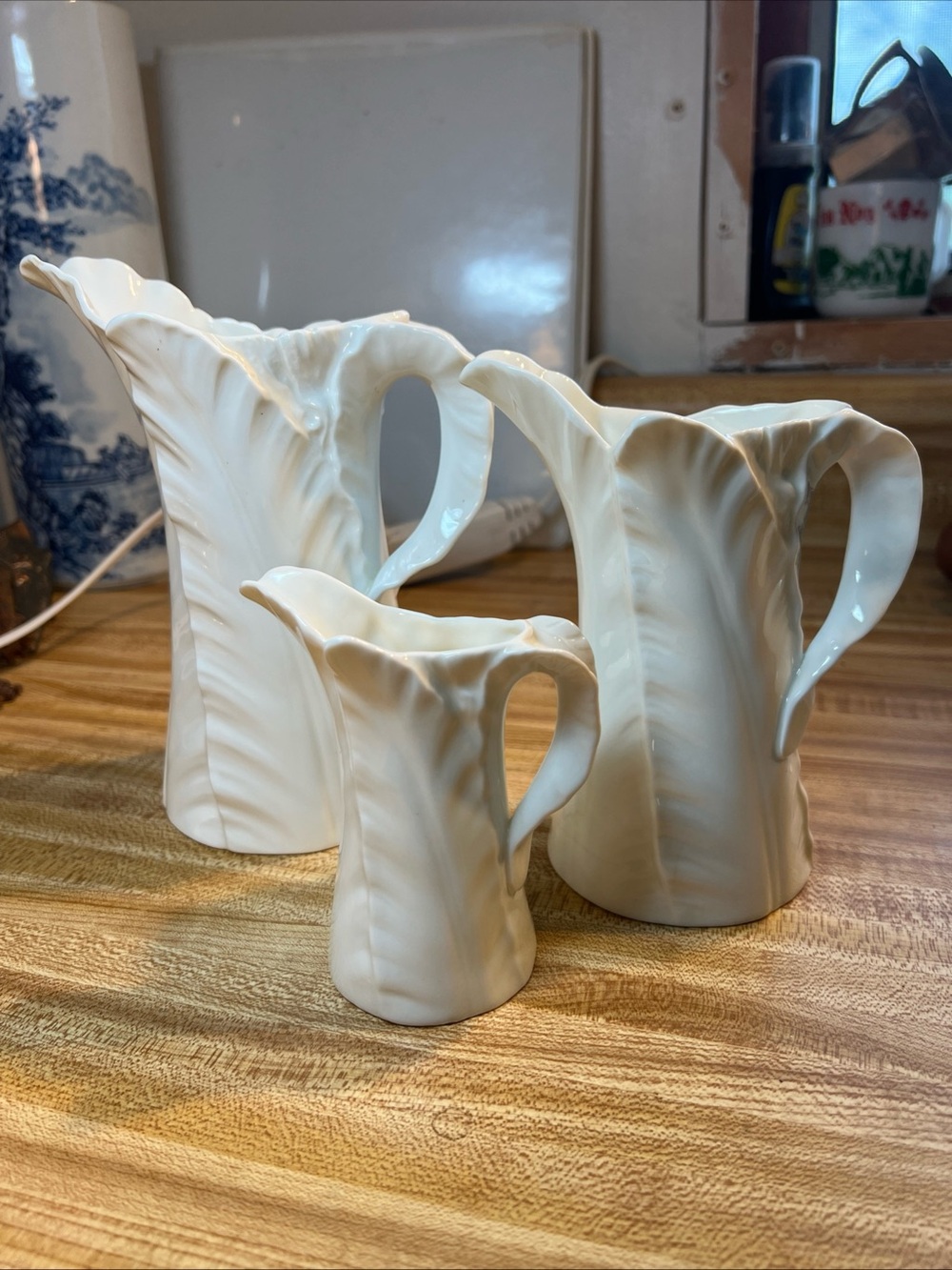 Set Of 3 Royal Worcester Fern White Banana Leaf  Pitchers 4”,  6”, 7”